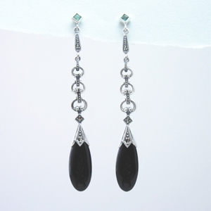 Long Onyx, Marcasite and Emerald Earrings
